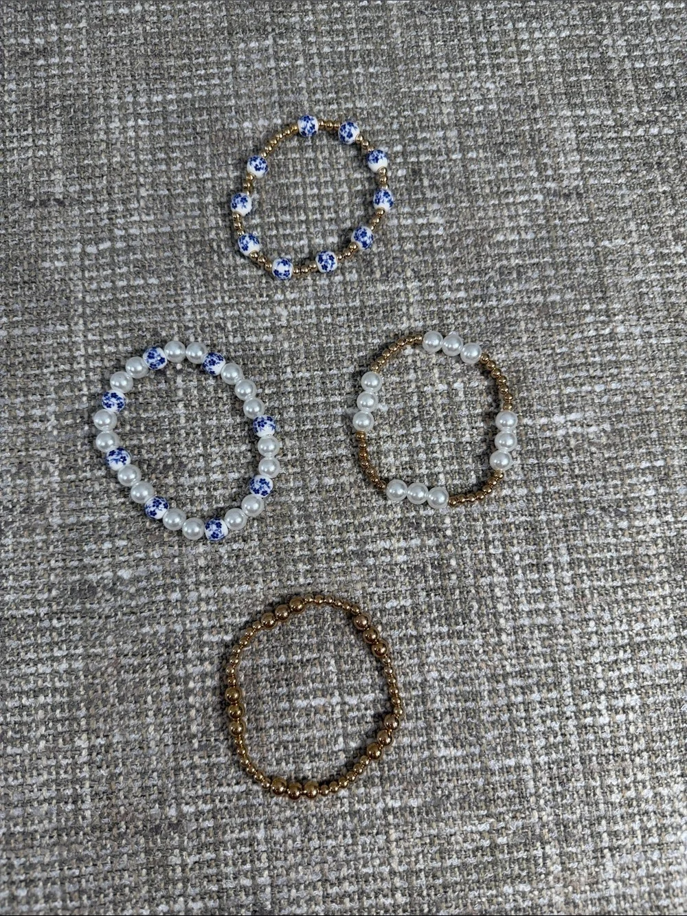 Beaded Stretch Bracelet Set - Gold, White, Blue flowers